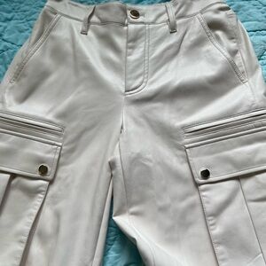 Alice + Olivia Off-White Cargo Pants. Vegan leather. Size 2. Hemmed inseam 28”.